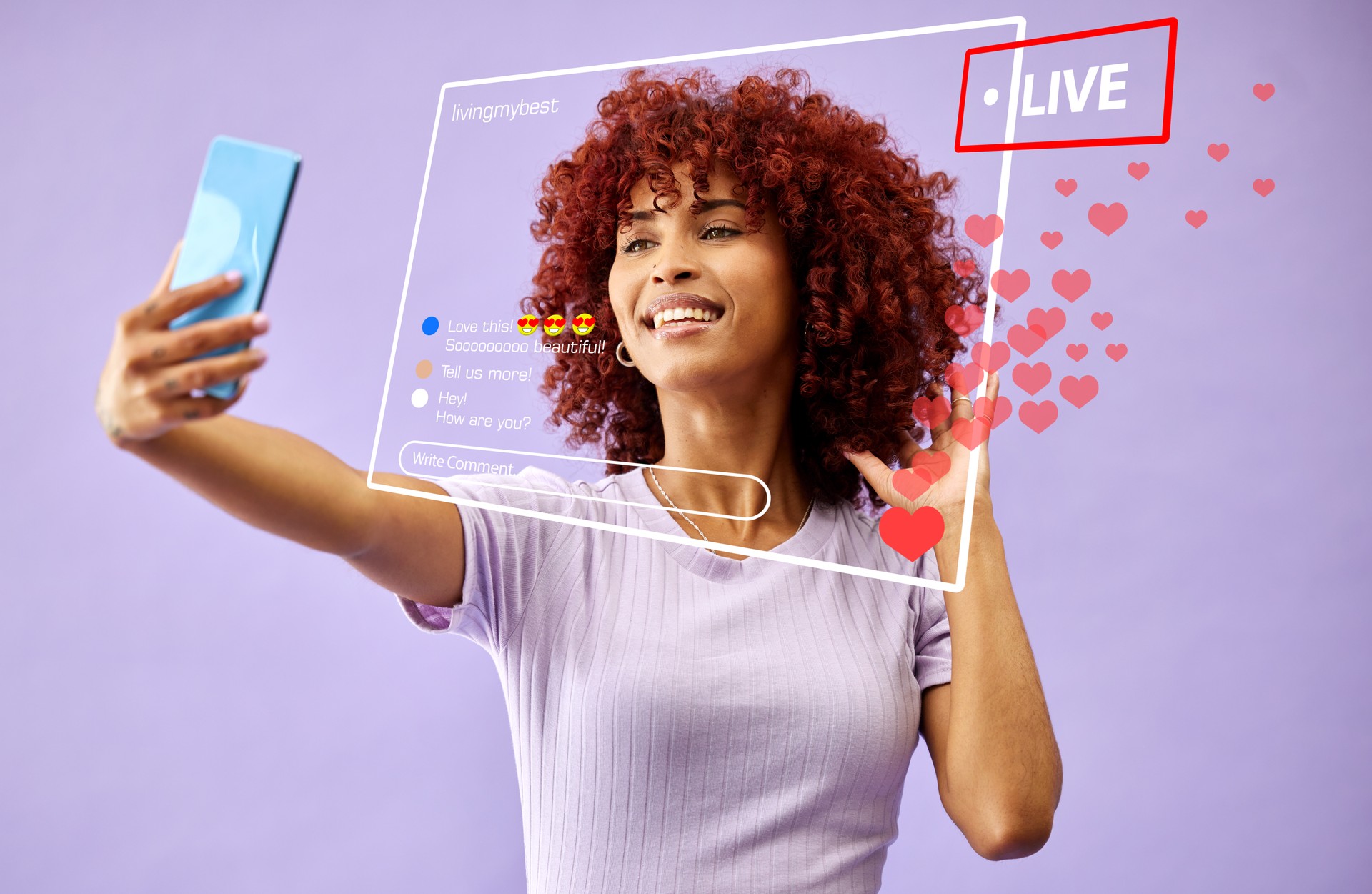 Smile, selfie and woman on social media, live streaming and love emoji overlay in studio isolated on a purple background. Happy, photography and profile picture of influencer on internet for review